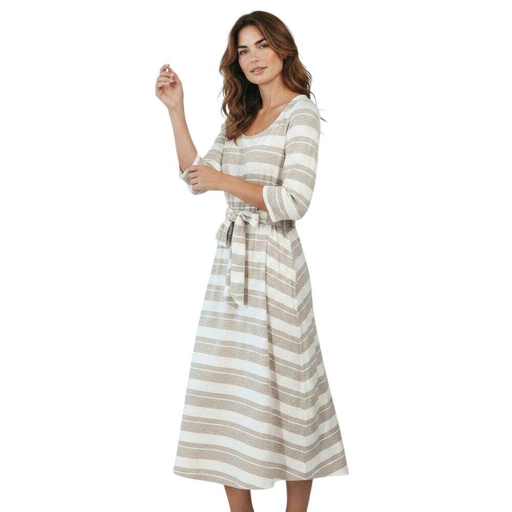 ELLA MOSS Soft Stretchy Cream & Tan Fit N Flare Midi Dress With Belt L   Neutral